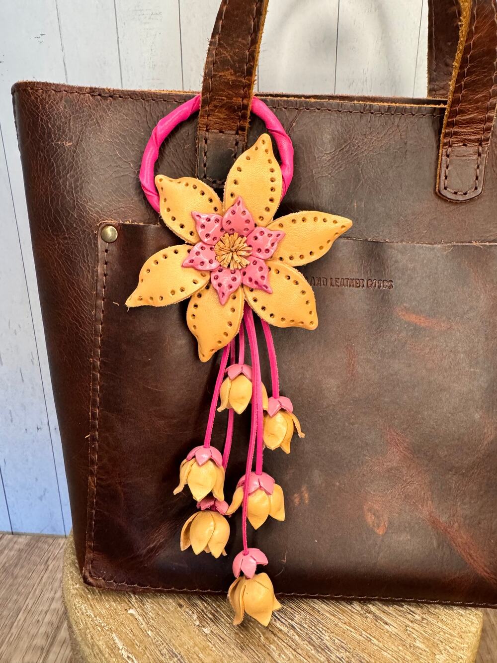 Pink Tan Leather Purse Charm Genuine Leather Pink Tan Daisy Flower Bag Charm